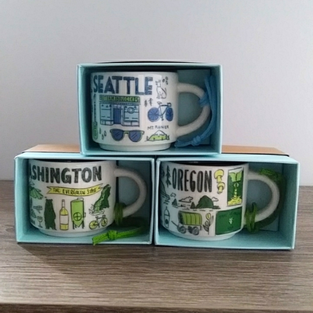 Starbucks Seattle, Washington & Oregon Coffee Cup Christmas Ornaments, Lot of 3
